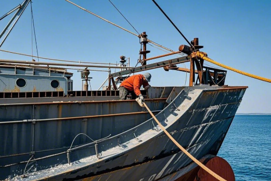 Ship antifouling and drag reduction coatings - Quartzmaster Workers standing on a rusting ship