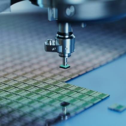 Close-up of a precision milling drill above a green printed circuit board (PCB) during manufacturing/inspection.