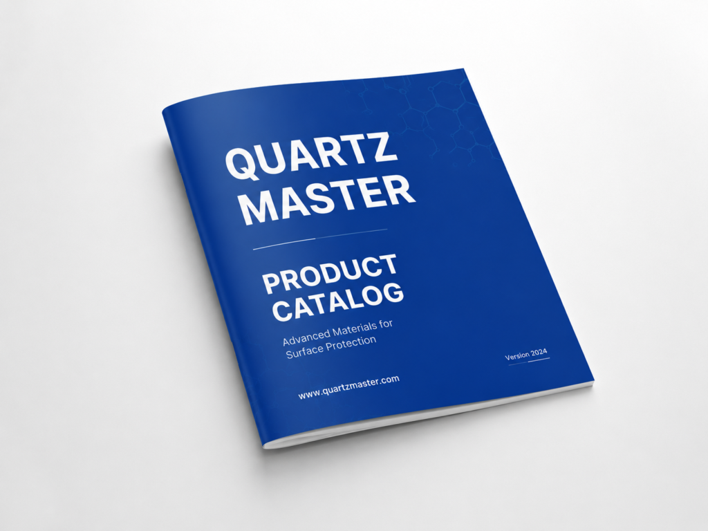 Blue product catalog cover titled'Quartz Master' with subtitle 'Product Catalog' and 'Advanced Materials for Surface Protection' on a white background.