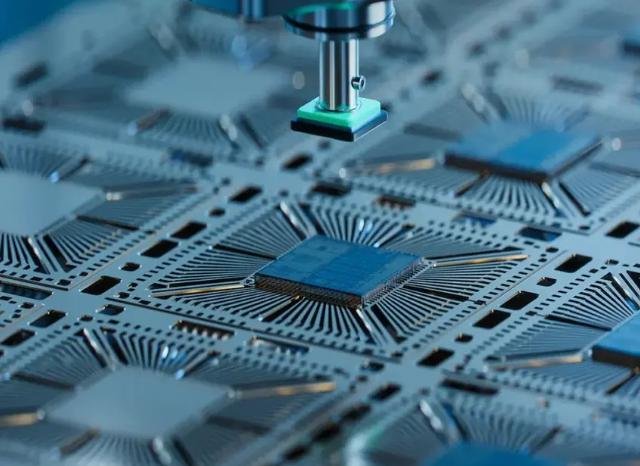 Semiconductor packaging - Quartzmaster Close-up of blue microchips arranged in a grid on a semiconductor wafer, with a precision probe hovering above.